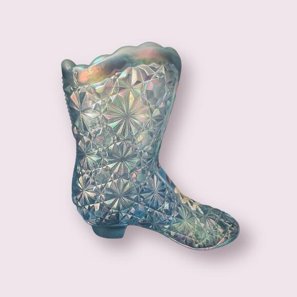 Vintage Fenton Handpainted & Signed Blue Daisy Pattern Boot w/Flowers - Picture 1 of 7